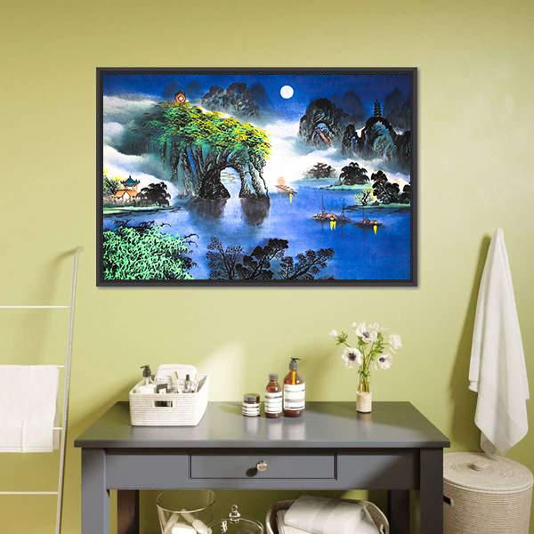 Chinese Landscape Watercolor Canvas Wall Art-3 Horizontal-Gallery Wrap-25" x 16"-Tiaracle
