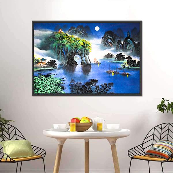 Chinese Landscape Watercolor Canvas Wall Art-1 Piece-Floating Frame-24" x 16"-Tiaracle