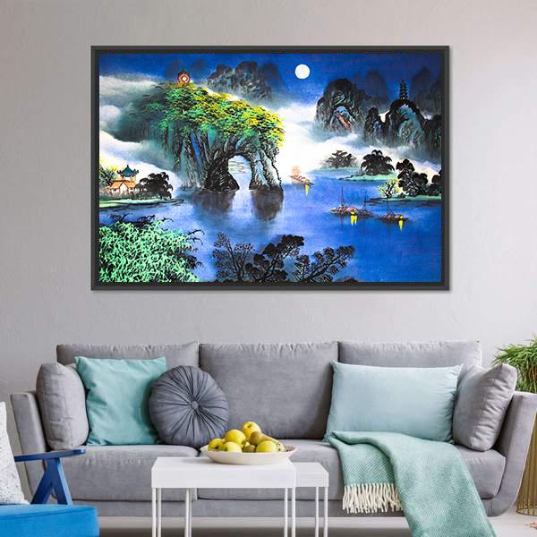 Chinese Landscape Watercolor Canvas Wall Art-3 Horizontal-Gallery Wrap-25&quot; x 16&quot;-Tiaracle