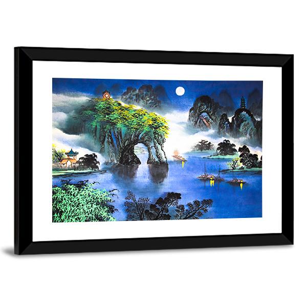 Chinese Landscape Watercolor Canvas Wall Art-3 Horizontal-Gallery Wrap-25&quot; x 16&quot;-Tiaracle