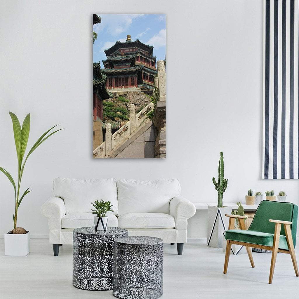 Traditional Chinese Pagoda on Stone Staircase Vertical Canvas Wall Art in gray, green and blue, single vertical panel hung on a wall