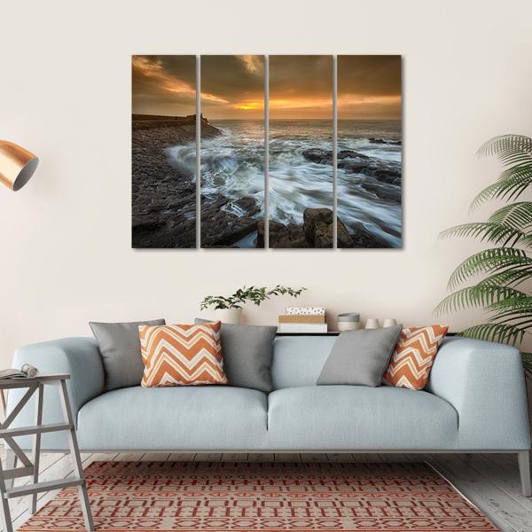 Sunrise At Porthcawl Lighthouse Canvas Wall Art-4 Horizontal-Gallery Wrap-34" x 24"-Tiaracle