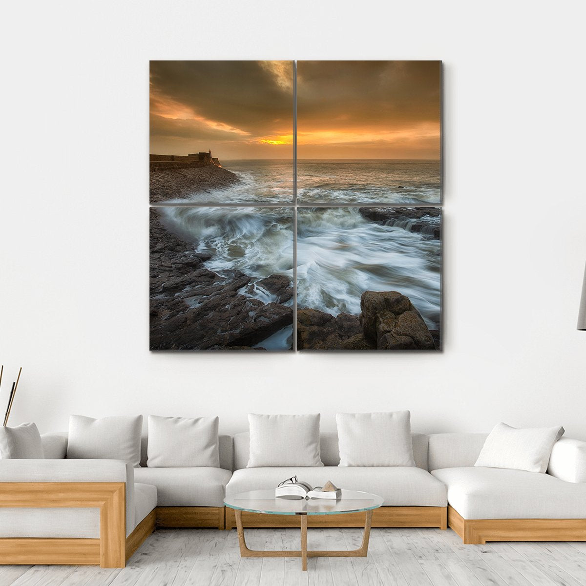 Sunrise At Porthcawl Lighthouse Canvas Wall Art-4 Square-Gallery Wrap-17" x 17"-Tiaracle