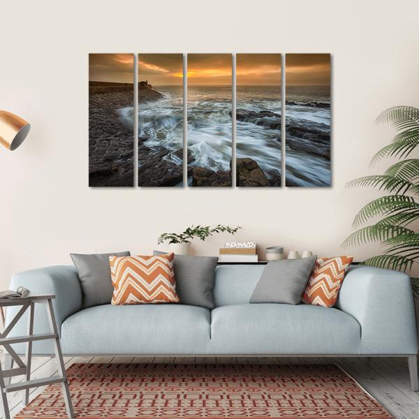 Sunrise At Porthcawl Lighthouse Canvas Wall Art-5 Horizontal-Gallery Wrap-22" x 12"-Tiaracle