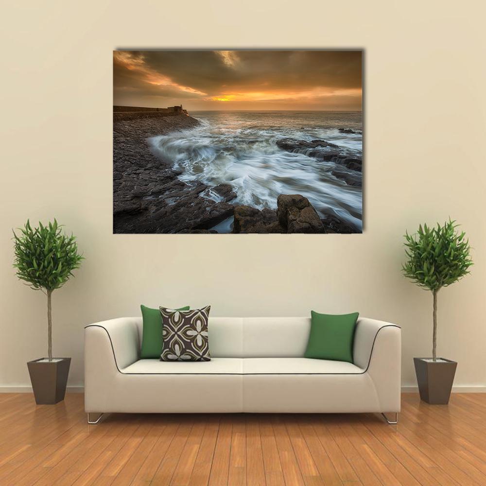 Sunrise At Porthcawl Lighthouse Canvas Wall Art-1 Piece-Gallery Wrap-48" x 32"-Tiaracle