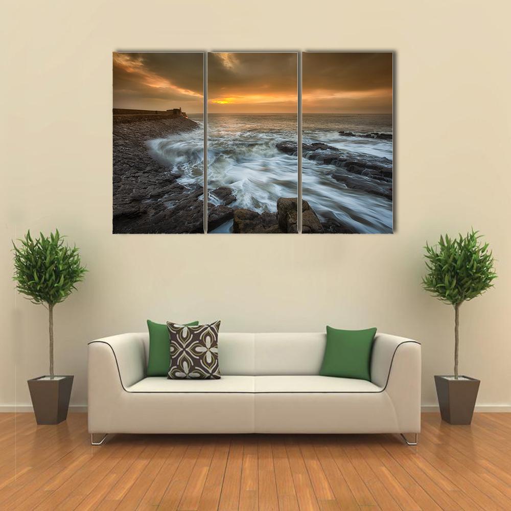 Sunrise At Porthcawl Lighthouse Canvas Wall Art-3 Horizontal-Gallery Wrap-37" x 24"-Tiaracle