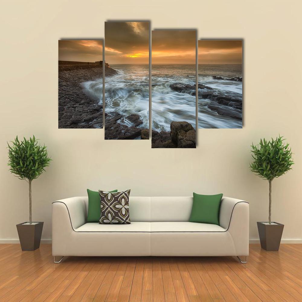 Sunrise At Porthcawl Lighthouse Canvas Wall Art-4 Pop-Gallery Wrap-50" x 32"-Tiaracle