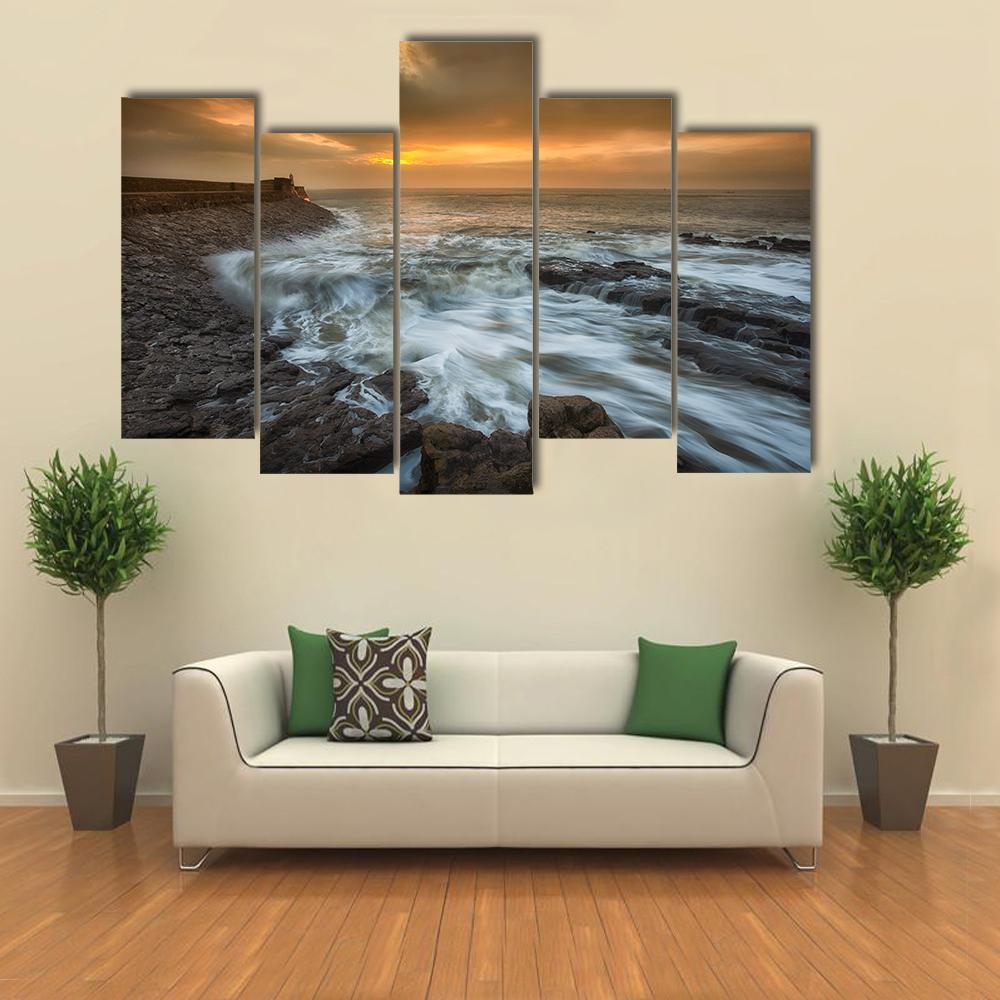 Sunrise At Porthcawl Lighthouse Canvas Wall Art-4 Pop-Gallery Wrap-50" x 32"-Tiaracle