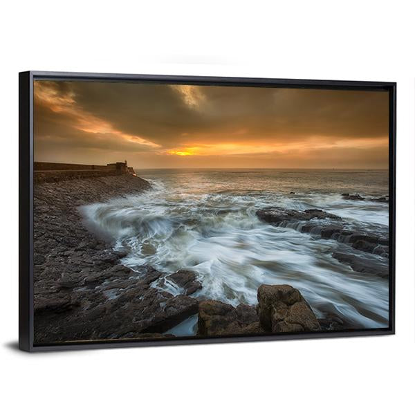 Sunrise At Porthcawl Lighthouse Canvas Wall Art-3 Horizontal-Gallery Wrap-25" x 16"-Tiaracle