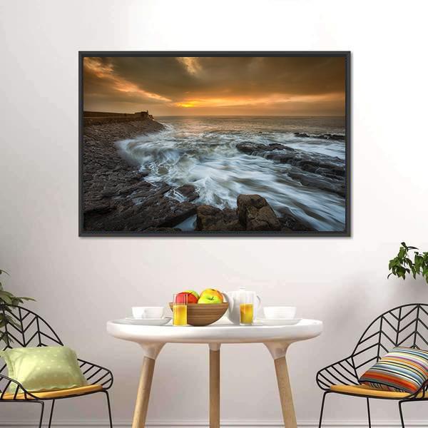 Sunrise At Porthcawl Lighthouse Canvas Wall Art-1 Piece-Floating Frame-24" x 16"-Tiaracle