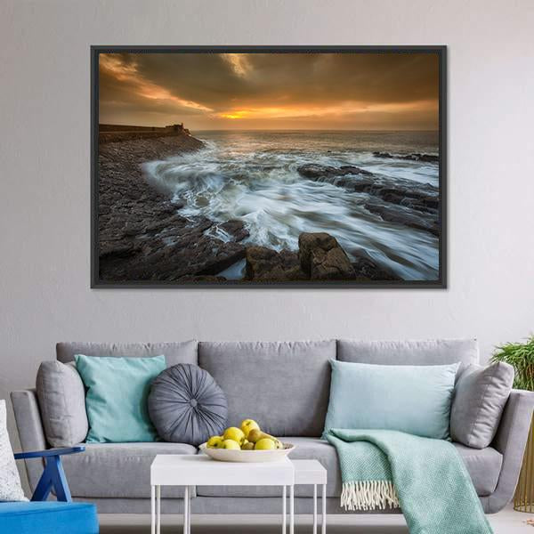Sunrise At Porthcawl Lighthouse Canvas Wall Art-3 Horizontal-Gallery Wrap-25" x 16"-Tiaracle