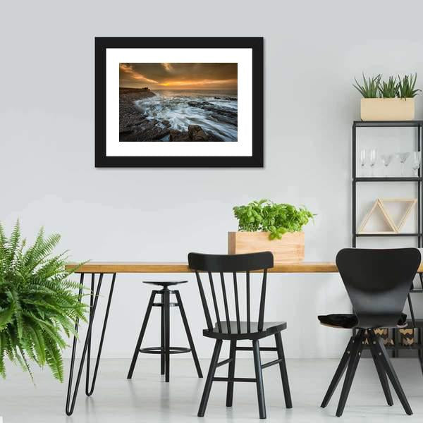 Sunrise At Porthcawl Lighthouse Canvas Wall Art-3 Horizontal-Gallery Wrap-25" x 16"-Tiaracle
