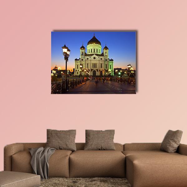 Christ the Saviour Cathedral Canvas Wall Art in gold, yellow and blue, single panel hung on a wall