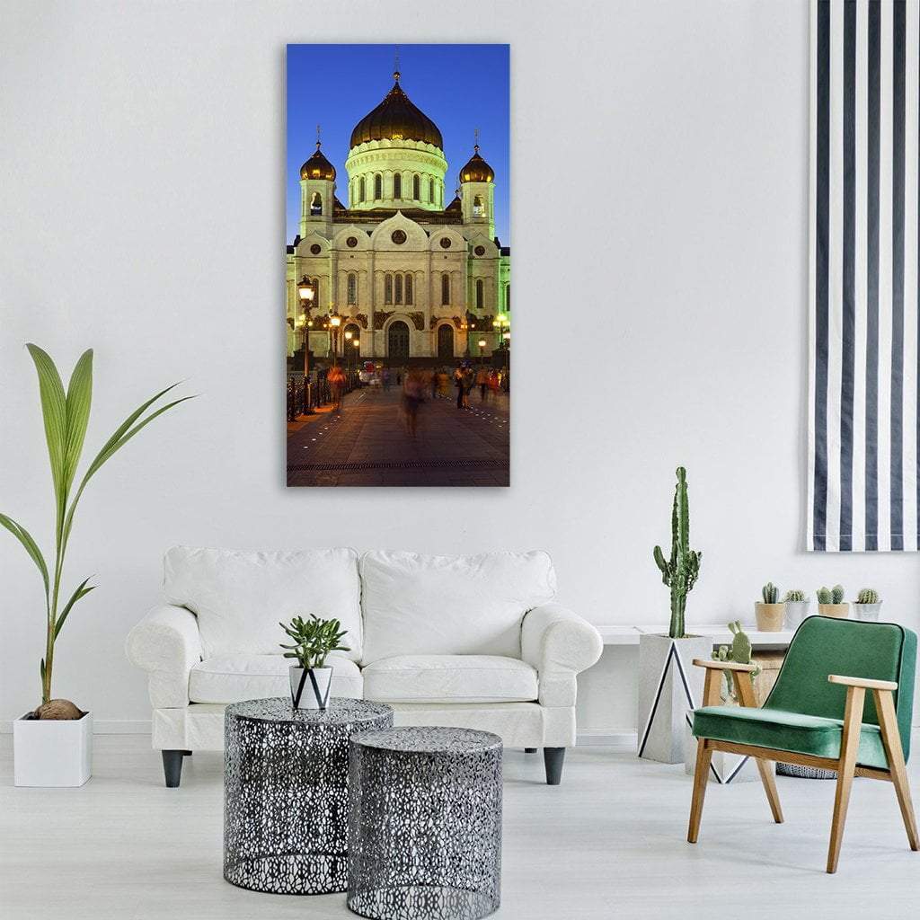 Christ the Savior Cathedral at Dusk Vertical Canvas Wall Art in white, gold and blue, single vertical panel hung on a wall
