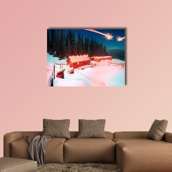 Snowy Cabins with Shooting Stars Canvas Wall Art in white, red and blue, single panel hung on a wall