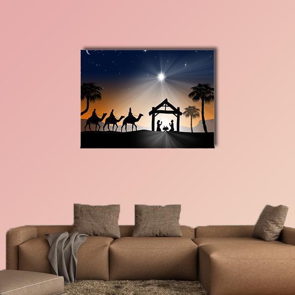 Christmas Nativity with Three Wise Men Canvas Wall Art in black, orange and blue, single panel hung on a wall