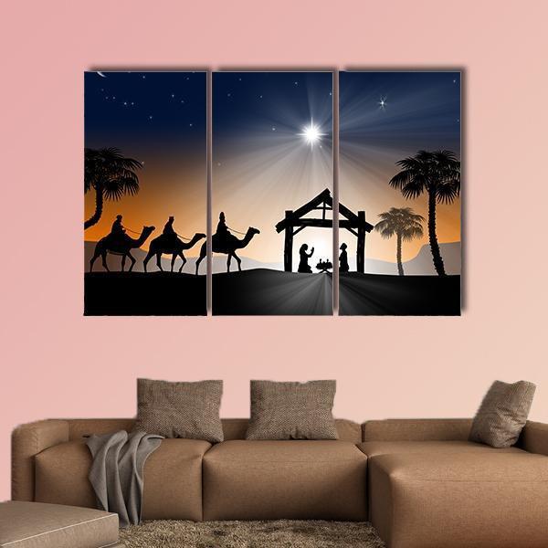 Christian Christmas Nativity Scene Canvas Wall Art-3 Horizontal-Gallery Wrap-37&quot; x 24&quot;-Tiaracle