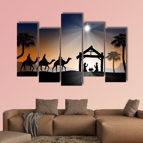 Christian Christmas Nativity Scene Canvas Wall Art-5 Pop-Gallery Wrap-47" x 32"-Tiaracle
