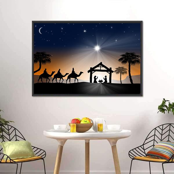 Christian Christmas Nativity Scene Canvas Wall Art-1 Piece-Floating Frame-24" x 16"-Tiaracle