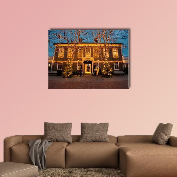 Christmas Lights in Gothenburg Canvas Wall Art in brown, yellow and blue, single panel hung on a wall