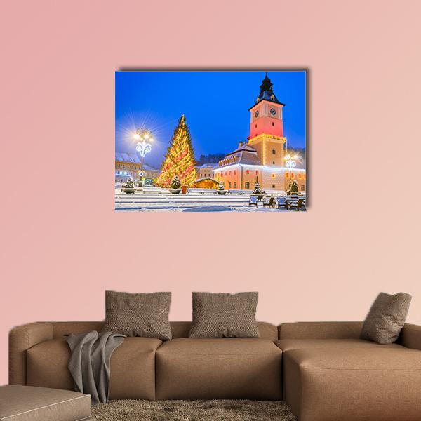 Christmas Market In Brasov Main Square Canvas Wall Art-1 Piece-Gallery Wrap-36" x 24"-Tiaracle