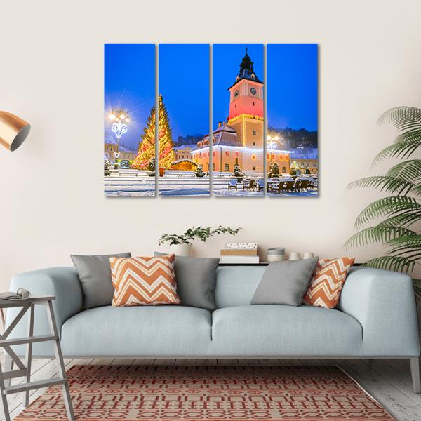 Christmas Market In Brasov Main Square Canvas Wall Art-4 Horizontal-Gallery Wrap-34" x 24"-Tiaracle
