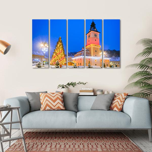 Christmas Market In Brasov Main Square Canvas Wall Art-5 Horizontal-Gallery Wrap-22" x 12"-Tiaracle