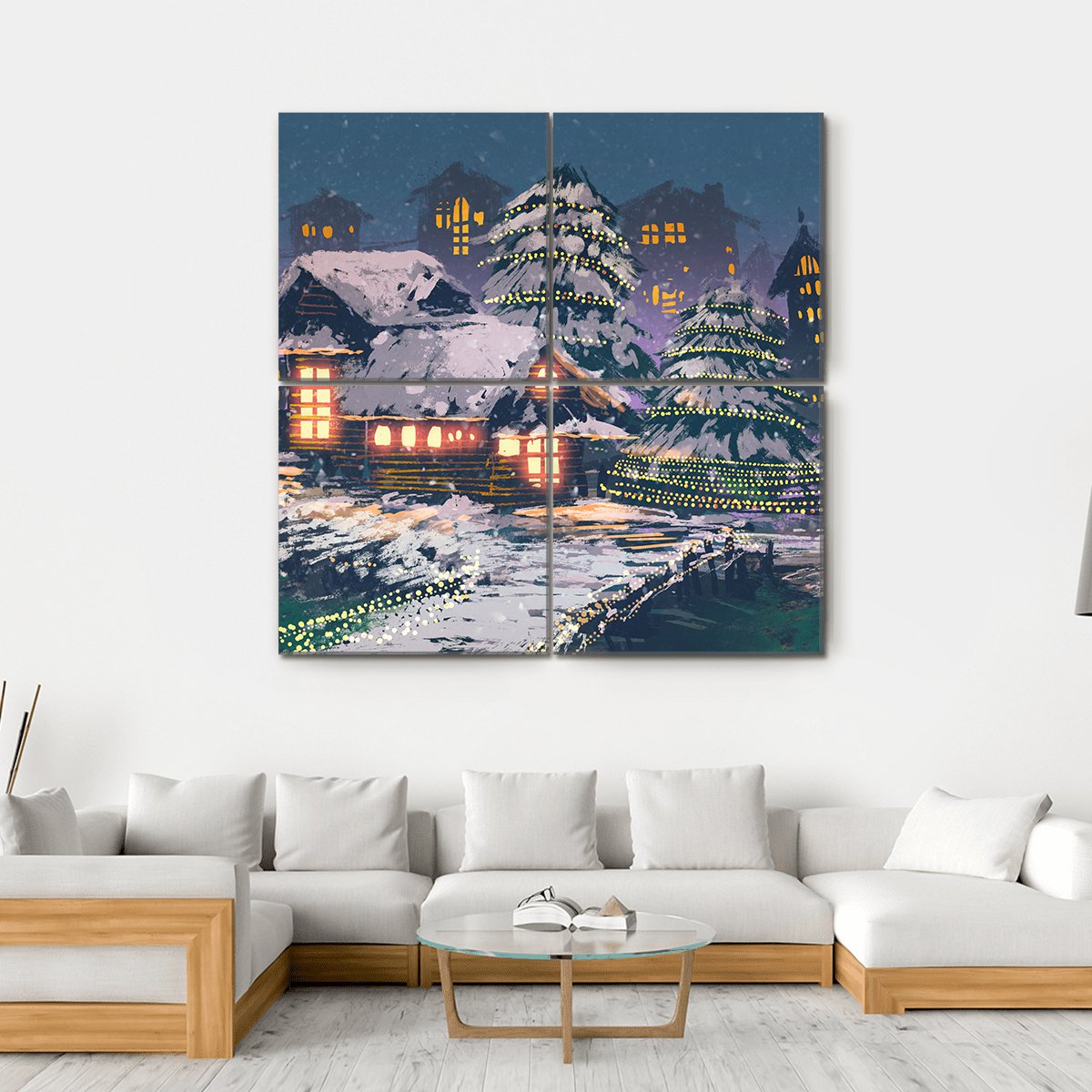 Christmas Night Scene Canvas Wall Art-4 Square-Gallery Wrap-17" x 17"-Tiaracle