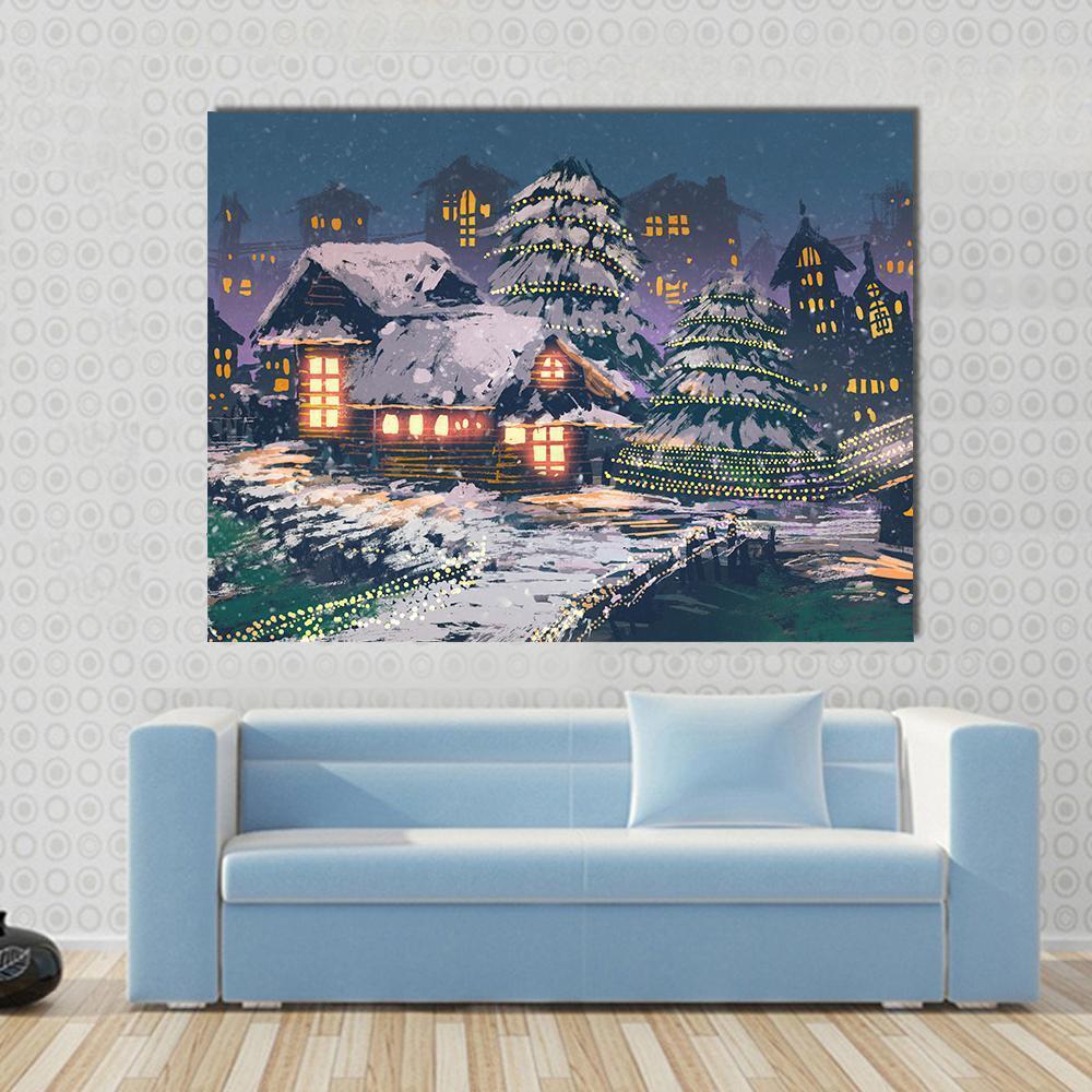 Christmas Night Scene Canvas Wall Art in white, yellow and blue, single panel hung on a wall
