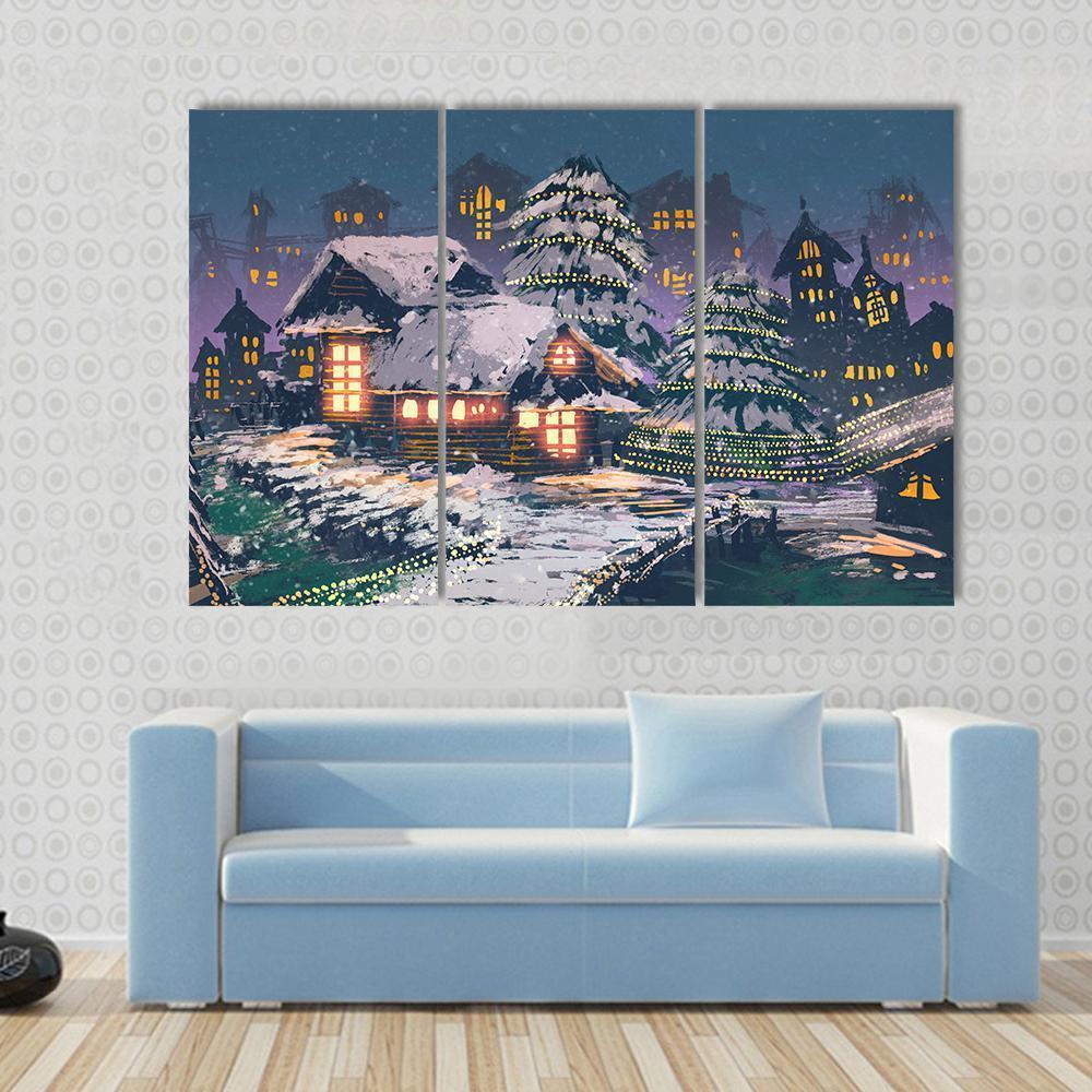 Christmas Night Scene Canvas Wall Art-3 Horizontal-Gallery Wrap-37&quot; x 24&quot;-Tiaracle