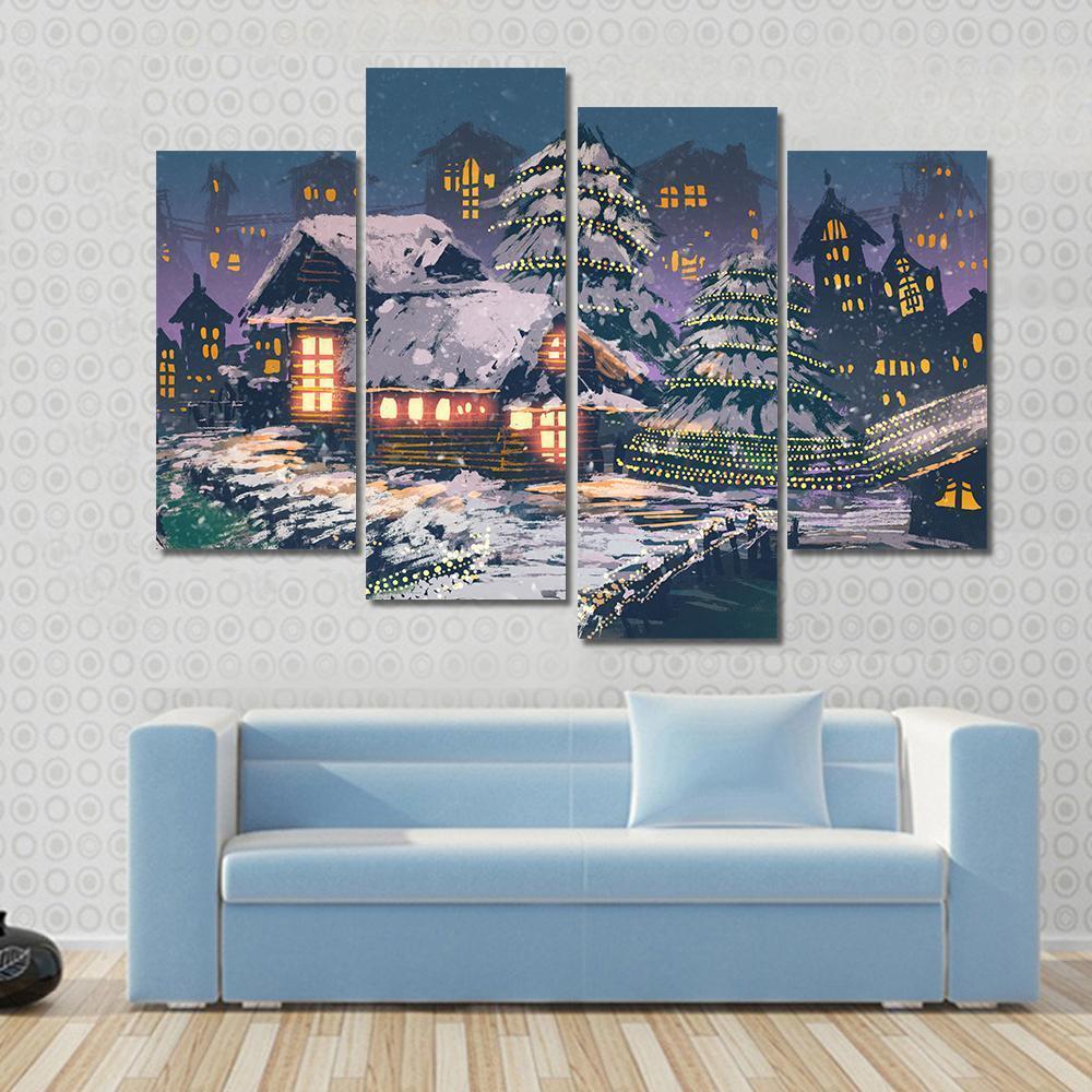 Christmas Night Scene Canvas Wall Art-4 Pop-Gallery Wrap-50&quot; x 32&quot;-Tiaracle