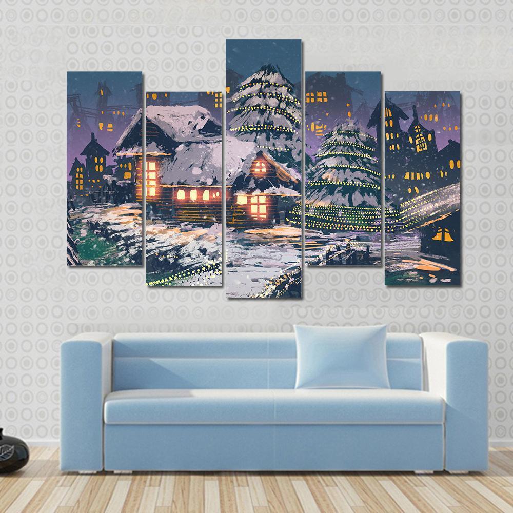 Christmas Night Scene Canvas Wall Art-5 Pop-Gallery Wrap-47&quot; x 32&quot;-Tiaracle