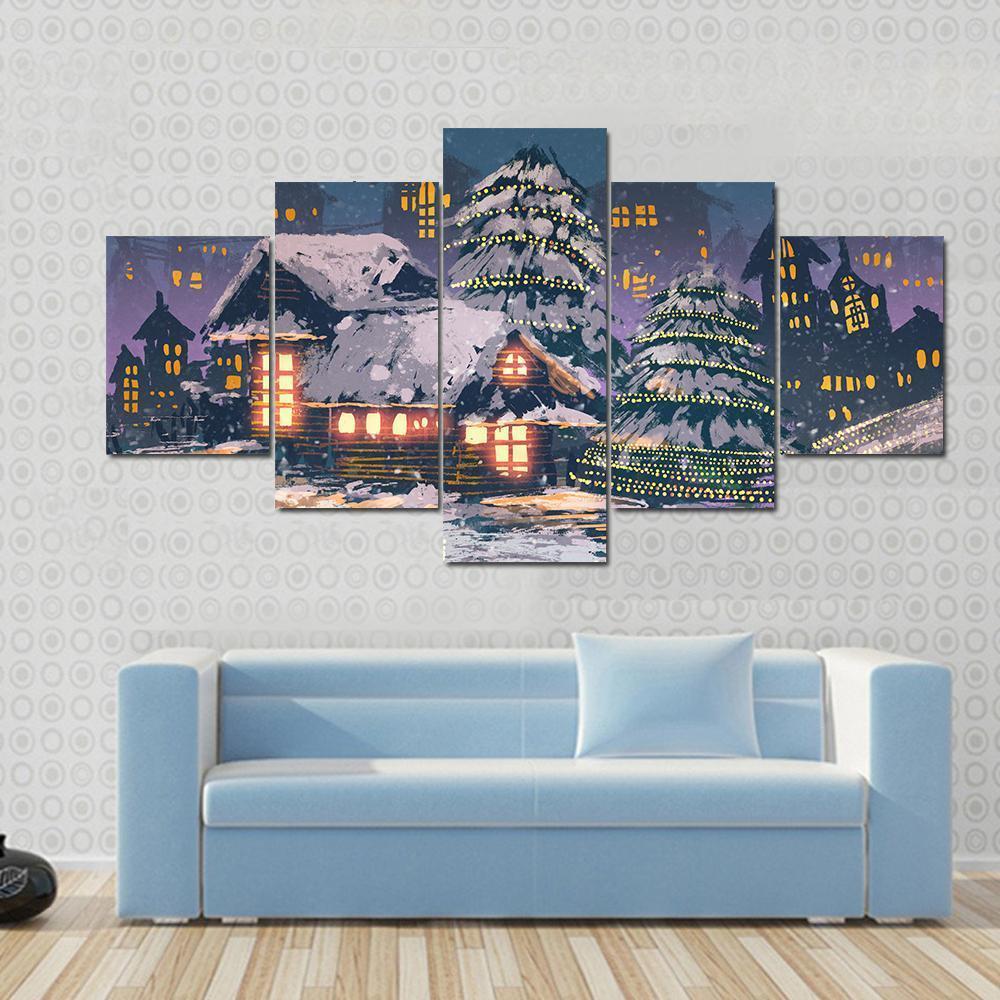 Christmas Night Scene Canvas Wall Art-5 Star-Gallery Wrap-62&quot; x 32&quot;-Tiaracle