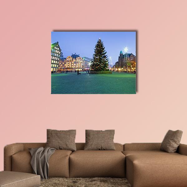 Christmas in Amsterdam Canvas Wall Art in yellow, green and blue, single panel hung on a wall