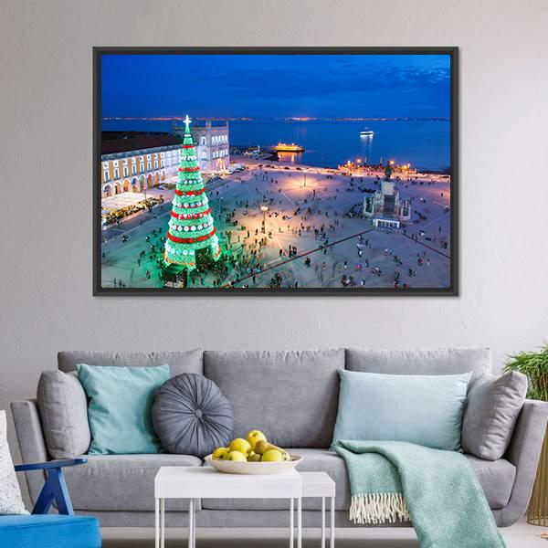 Christmas Tree At Twilight Canvas Wall Art-3 Horizontal-Gallery Wrap-25" x 16"-Tiaracle