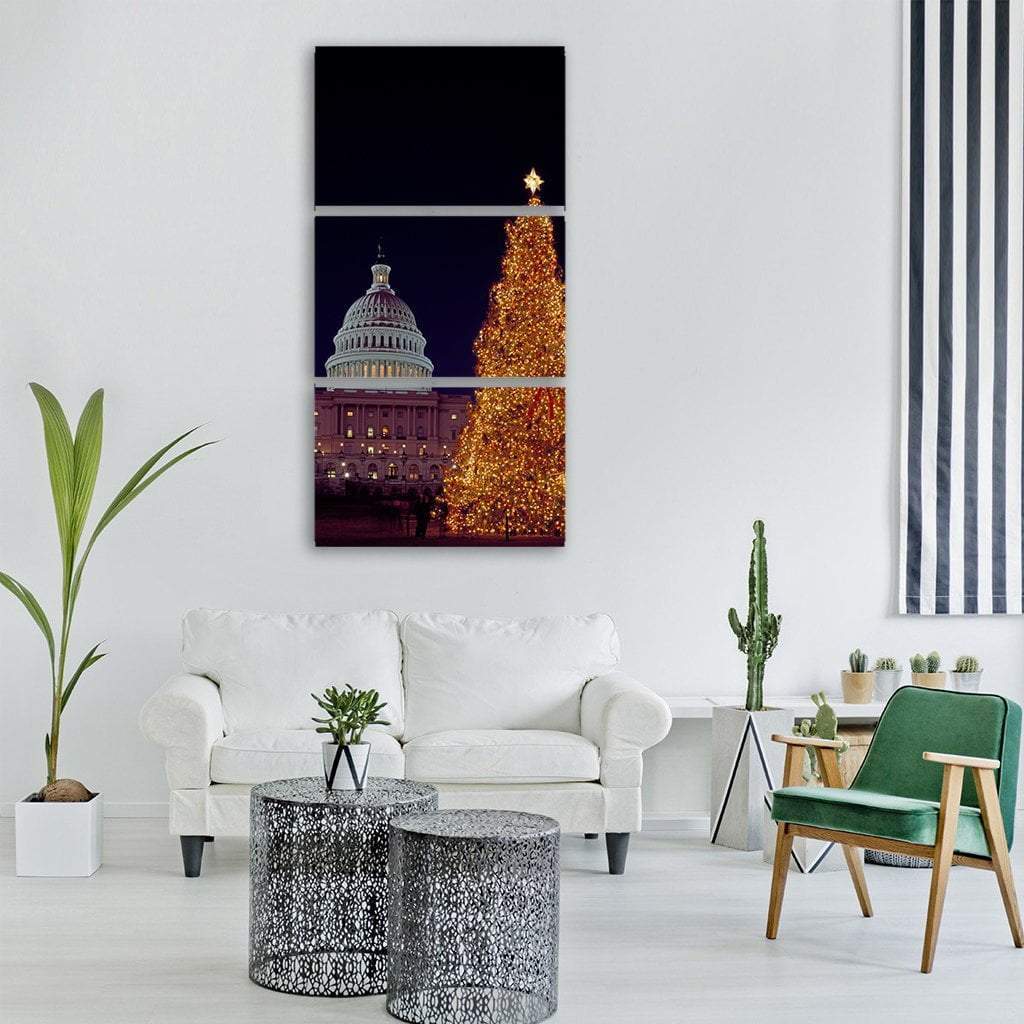 Christmas Tree With Building Vertical Canvas Wall Art-3 Vertical-Gallery Wrap-12" x 25"-Tiaracle