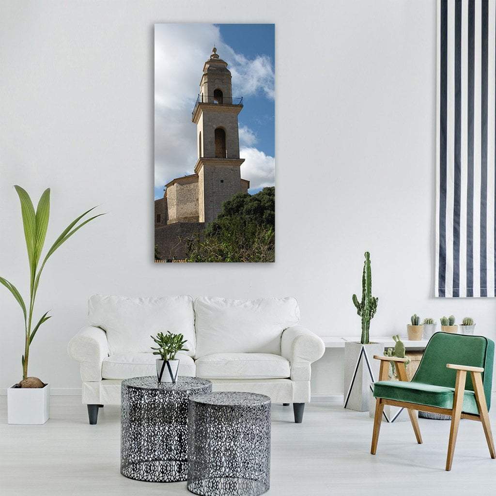 Historic Multi-tier Stone Bell Tower Vertical Canvas Wall Art in white, beige and blue, single vertical panel hung on a wall