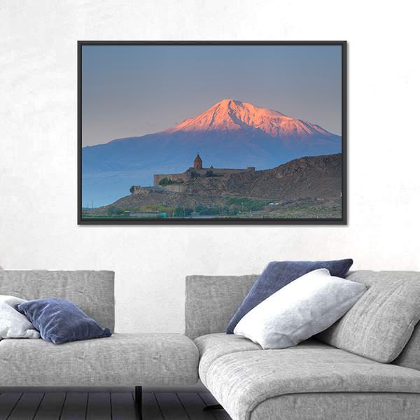 Khor Virap Church on Hill with Snow-capped Mountain Canvas Wall Art in white, blue and pink, framed canvas, product view on a white background