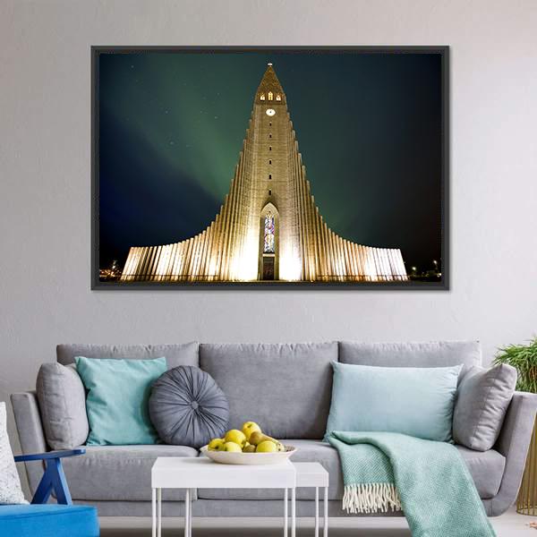 Church In Reykjavik Canvas Wall Art-3 Horizontal-Gallery Wrap-25" x 16"-Tiaracle