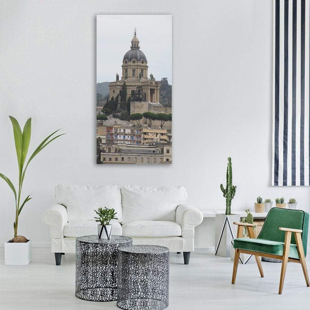 Sicilian Church with Dome and Cityscape Vertical Canvas Wall Art in gray, beige and brown, single vertical panel hung on a wall