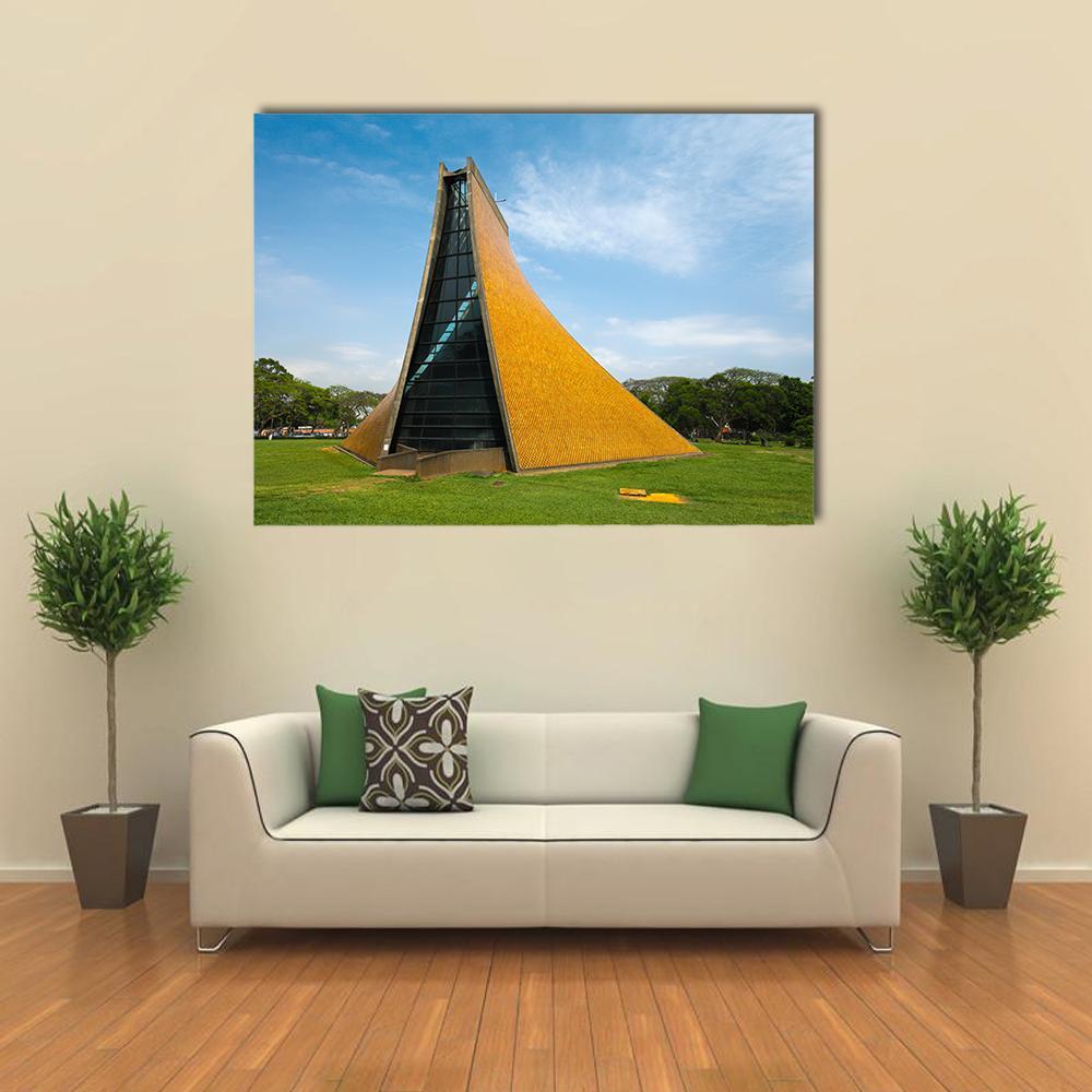 Church in Taichung Canvas Wall Art in yellow, green and blue, single panel hung on a wall