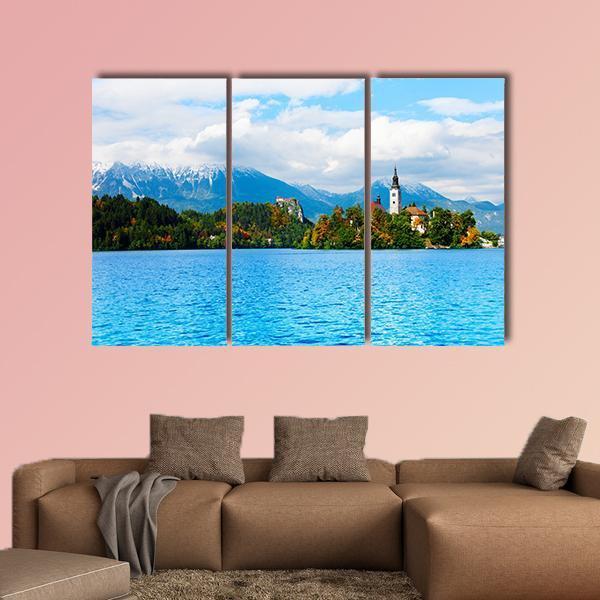 Church And Bled Lake Canvas Wall Art-3 Horizontal-Gallery Wrap-37" x 24"-Tiaracle