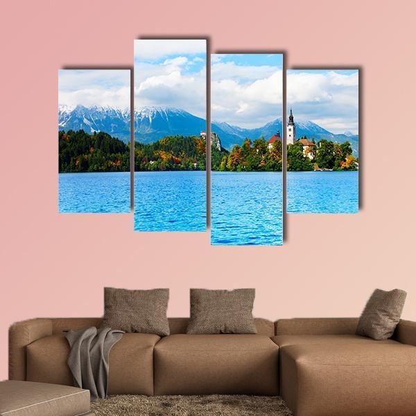 Church And Bled Lake Canvas Wall Art-4 Pop-Gallery Wrap-50" x 32"-Tiaracle