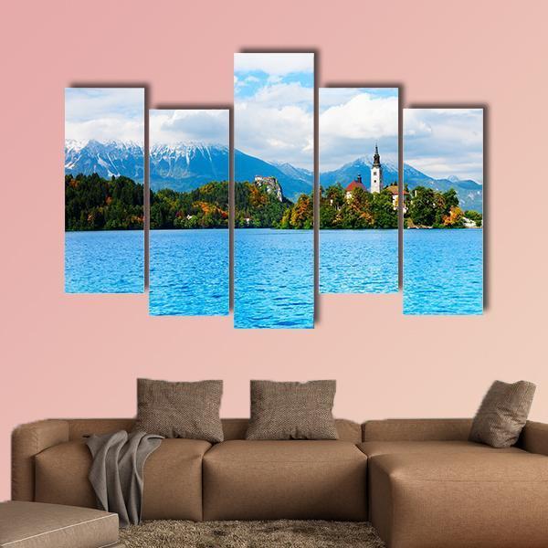 Church And Bled Lake Canvas Wall Art-5 Pop-Gallery Wrap-47" x 32"-Tiaracle