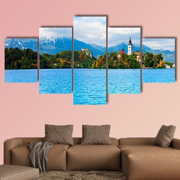 Church And Bled Lake Canvas Wall Art-5 Star-Gallery Wrap-62" x 32"-Tiaracle