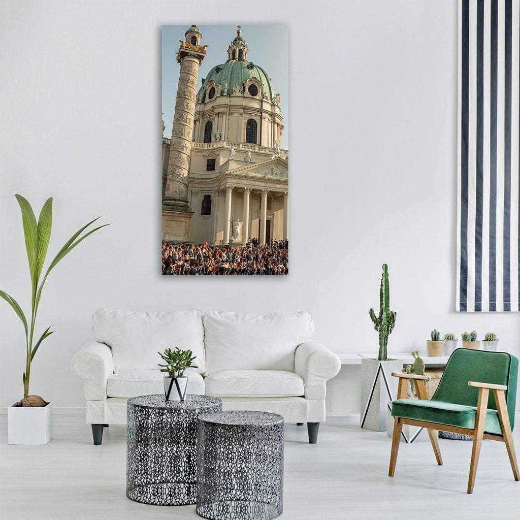 Karlskirche Green Copper Dome and Triumphal Column Vertical Canvas Wall Art in gray, beige and green, single vertical panel hung on a wall