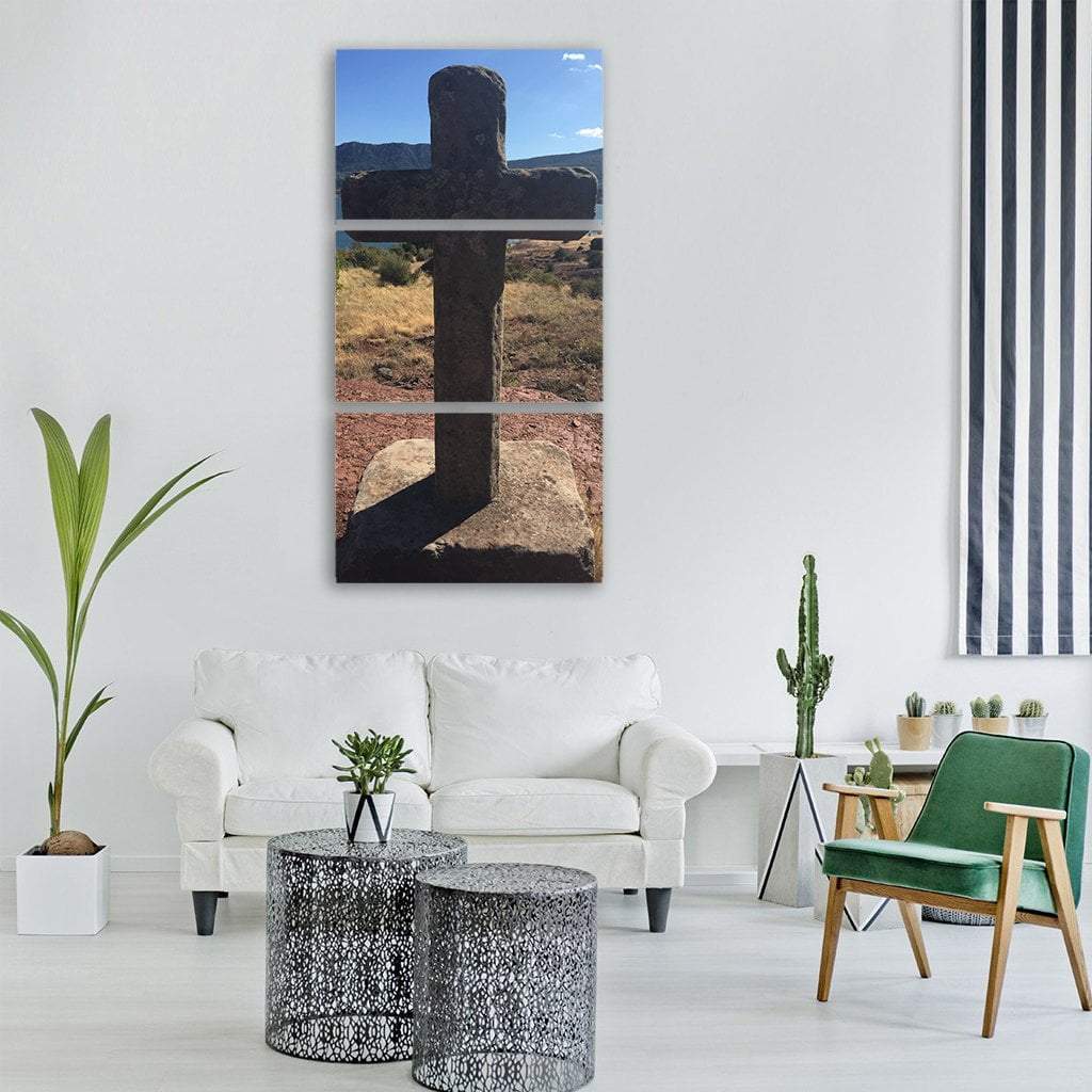 Cross Near Lake Vertical Canvas Wall Art-3 Vertical-Gallery Wrap-12" x 25"-Tiaracle