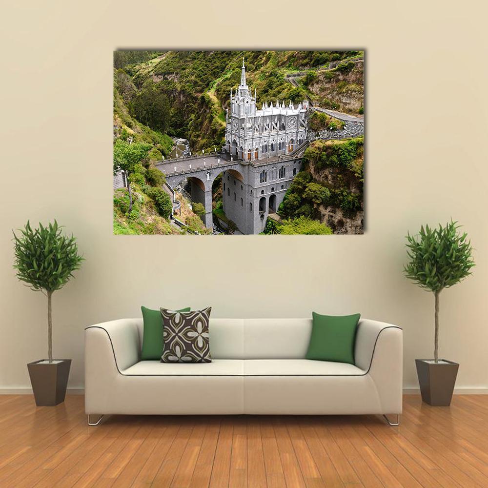 Las Lajas Church Canvas Wall Art in gray, brown and green, single panel hung on a wall