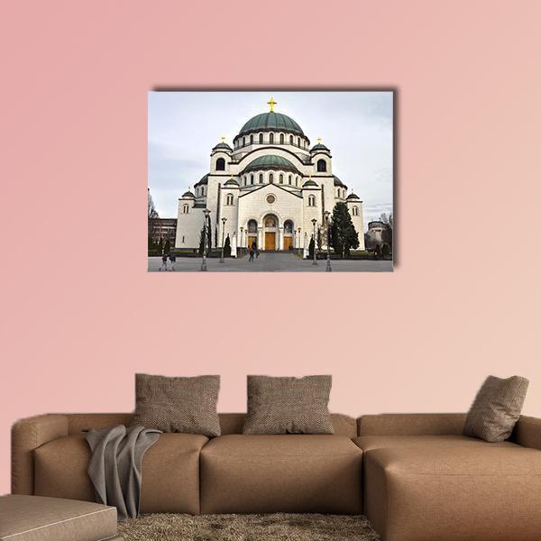 Saint Sava Church with Green Domes Canvas Wall Art in white, gray and green, single panel hung on a wall