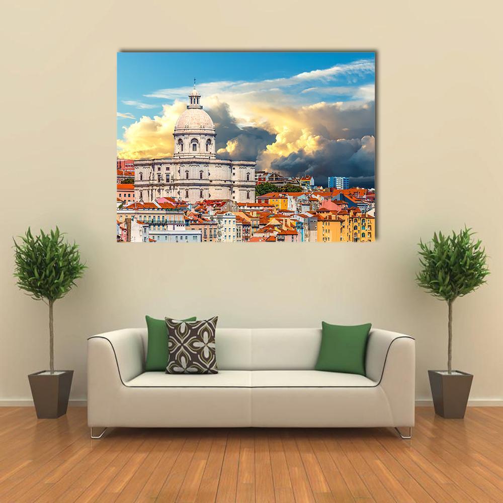 Church of Santa Engracia Canvas Wall Art in beige, orange and blue, single panel hung on a wall